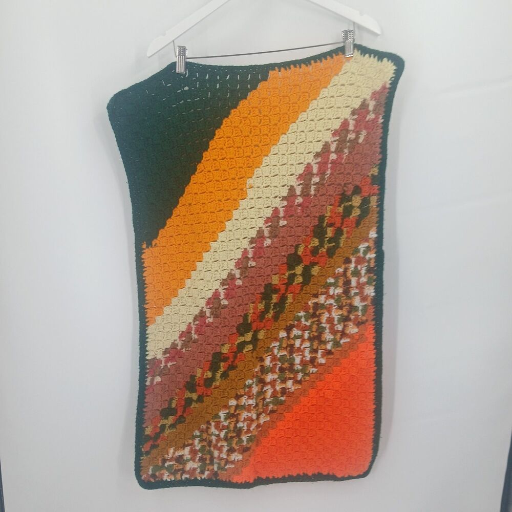 vintage crochet knit orange green lap blanket small size wheelchair blanket